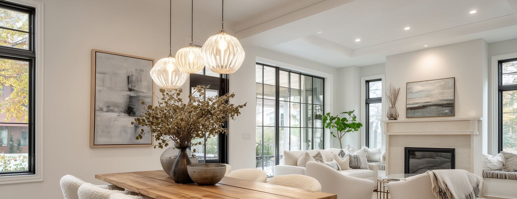 Bright dining room and living room with pendant lights and a fireplace