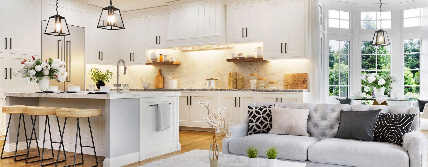 Bright open-plan kitchen and living room